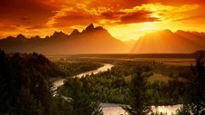 Landscape nature orange sunset sun rays river pine trees Custom Gaming Mat Desk picture