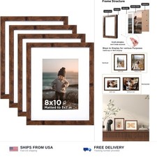 8x10 Picture Frame Rustic Brown Set of 4, Wooden Photo Frames Matted... picture