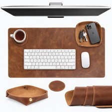 Real Leather Desk Mat Set (32x16) Large Desk Cover Desk Blotter Protector Com... picture
