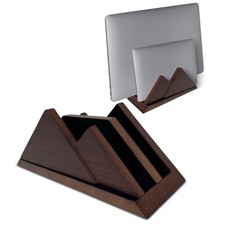Dark Brown Wooden Dual Laptop Holder Vertical Stand 2 Slots Adjustable Desk picture