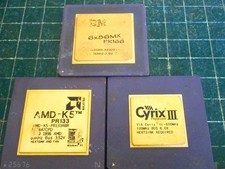 Lot 3 Gold Cap CPUs . Cyrix III 100 Mhz . AMD K5 PR133. IBM 6x86MX PR166 Ceramic picture
