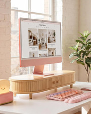 Computer Monitor Riser Bamboo Curved Desk Shelf with Storage and Cable picture