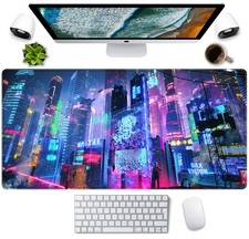 Japanese Street Desk Mat Futuristic Neon City Print Mouse Pad 31.5 x 15.75 inch picture