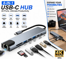 8 in 1 USB C Hub HDMI 4K USB 3.0 RJ45 SD TF PD 87W Multiport Adapter Laptop picture