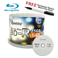 50 Smartbuy Logo BD-R 6X 25GB Blu-ray Blank Media Disc + Black Permanent Marker picture