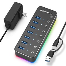 Powered USB Hub RGB 7 Ports USB 3.0/USB C 14 Mode LED Strip 3.3 Ft Adapter picture