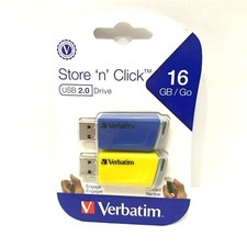 Verbatim 2 Pack 16GB Store ‘n’ Click USB Flash Drive Blue and Yellow New Sealed picture