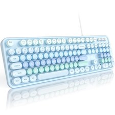 Pale Blue Large Print Wired Computer Keyboard Colorful Retro Round Typewriter picture