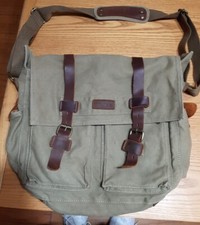KATTEE MESSENGER LAPTOP BAG Canvas and Leather Military Green Heavy Duty Pockets picture