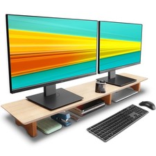 Aothia Large Dual Monitor Stand Riser, Solid Wood Desk Shelf with Eco Cork Le... picture