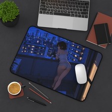 Anime Girl City Night Desk Mat Mouse Pad | 2 Sizes | Blue Urban Aesthetic Art. picture