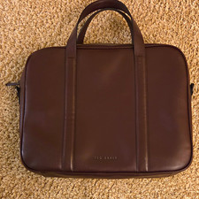 Ted Baker Brown Leather Laptop Briefcase Bag Solid, Carry Handles, Zip Closure picture