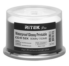 300 Ritek Pro CD-R 52X 700MB Water Resistant Glossy White Inkjet Printable Disc picture