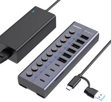 60W Powered 10 Port USB Hub 10Gbps USB Splitter With Adapter For Laptop And PC picture