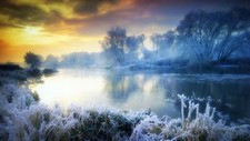 Landscape ice river trees frost cold orange sky sunlight Custom Gaming Mat Desk picture