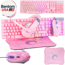 Pink Gaming Keyboard and Mouse Headset Headphones and Mouse Pad, Wired LED RGB B picture