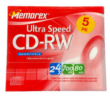 NOS Memorex Ultra Speed CD-RW Rewritable Reinscriptable CDs 24x 700MB 80 mi 5PK  picture