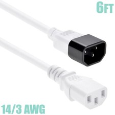 6FT 14 Gauge 3 Prong Power Cable Extension Cord C14 Male to C13 Female SJT White picture