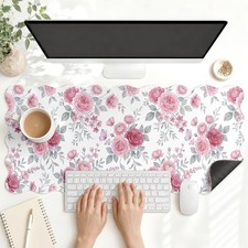 Pink Flower Scalloped Gaming Mouse Pad Extended Desk Mat 35.4x15.7 Inch PC picture