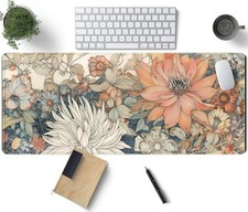 Floral Desk Mat Computer Flowers Mat Large Keyboard Mouse Pad Stitched Edges Gir picture