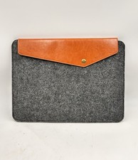 MERINO WOOL & COGNAC LEATHER FOLIO LAPTOP SLEEVE BRASS BUTTON CLOSURE by KAMOR picture