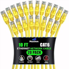 Maximm Cat6 Ethernet Cable 10 ft 20 Pack RJ45 Yellow 10Gbps 550MHz picture