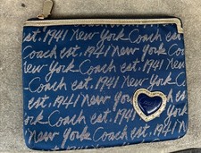 Coach Signature Script Tablet Sleeve Case Clutch Blue & Gold Glitter Heart picture