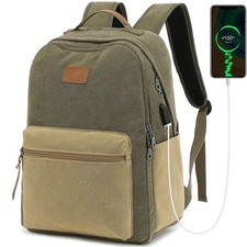 Waterproof Canvas Backpack, 15.6 Laptop Daypack with USB Port, Green Brown picture
