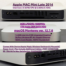 Apple 2014 Mac Mini DT Intel Core i5-4278U 2.6GHz  8GB RAM | 1TB HDD|A1347 |MINT picture