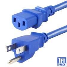 5x 1FT Power Cord Cable PC Computer Monitor NEMA 5-15P To IEC C13 18AWG 10A Blue picture