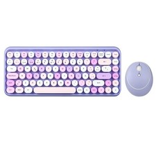 Wireless Mini Keyboard and Mouse Set, Retro Round Keys, 2.4GHz, Purple, QWERTY f picture
