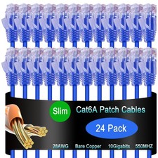 24 PCS Cat6a Slim Ethernet Patch Cable 3 ft 10G Data Center Network Blue picture