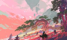 Landscape mh c art trees asian architecture pink Custom Gaming Mat Desk picture