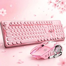NEW Aesthetic Pink Wired USB Keyboard Mouse Set, Cute Retro Round Keycaps picture