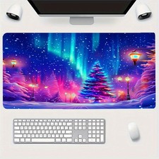 Luxurious Winter Scene Large Mouse Pad | Aurora and Christmas Tree Design, Per picture