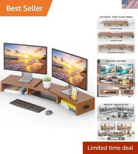 Adjustable Dual Monitor Riser with Smartphone Holder - Elegant Walnut Finish picture