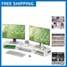 Elegant Dual Monitor Stand Riser with Adjustable Length & Swivel Angle - White picture
