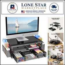 Stylish 2-Tier Desk Organizer with Riser, Drawer & Pen Holders - Black Metal picture