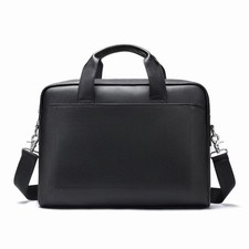 Leather Laptop Briefcase, Black, Adjustable Shoulder Strap, Solid Pattern picture