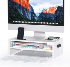 Elegant Ergonomic 2-Tier Wooden Monitor Stand Riser - 16.5 Inch, White Finish picture