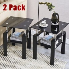 2 Packs Tempered Black Glass Sofa Table Metal Leg for Living Room 17.7x17.7x20