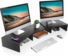 Dual Monitor Stand Riser, Adjustable Length and Angle, Black | Wooden 3-Shelf De picture