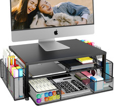 Metal 2-Tier Computer Monitor Stand Riser with Drawer & Pen Holders Black picture